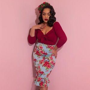 Vixen by Micheline Pitt Flutter Skirt in Vintage Blue and Red Rose Print 2XL NWT